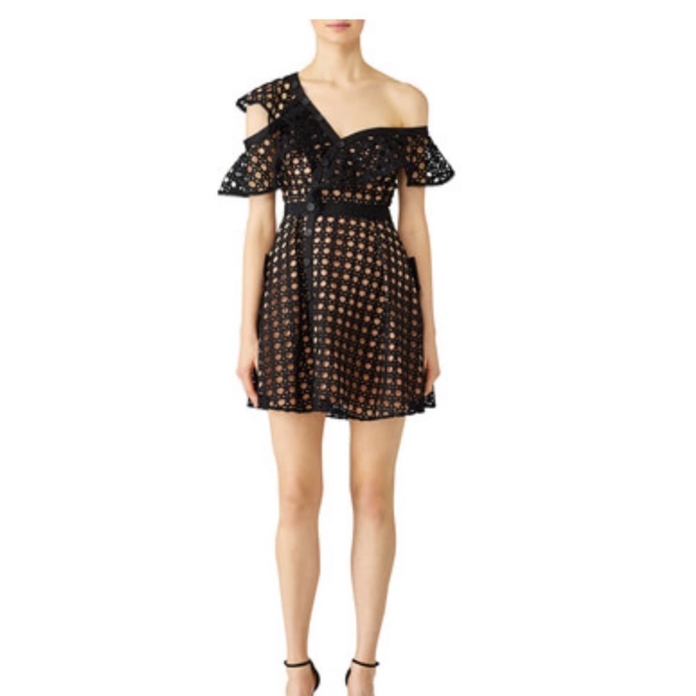 Self- Portrait Black Guipure Frill Dress